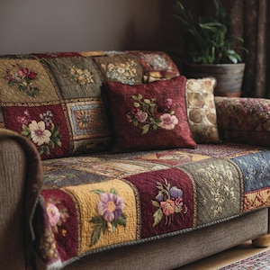 May include: A floral patchwork sofa with matching throw pillows. The sofa features a quilted design with various floral patterns in shades of burgundy, gold, green, and blue. The throw pillows are burgundy with embroidered floral designs, adding a touch of elegance to the living room.