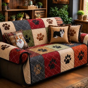 May include: A quilted sofa cover featuring a patchwork design of cream, red, dark gray, and olive green squares with black and brown paw print patterns. Two square throw pillows are included, each displaying a graphic illustration of a Corgi dog.