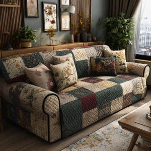 Copridivano patchwork vintage, protezione per divano in stile rustico, plaid floreale rustico, accogliente decorazione per il soggiorno.