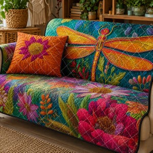 May include: A quilted sofa cover featuring a large orange and yellow dragonfly on a teal background with vibrant pink, purple, and orange floral patterns. A matching square throw pillow with a large pink flower on an orange background sits on top.