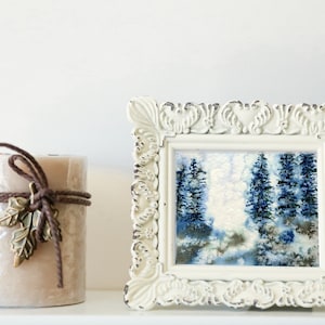 Snowy Winter  Mini Forest Watercolor Painting Landscape Art Framed Frame Artwork Small Tiny Nature Country Trees Realistic Little Artistic