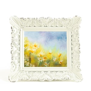 Yellow Daisy Spring Flowers Print Little Mini Watercolor Painting Landscape Art Prints Framed Artwork Small Tiny Little Ornate Gift For Her