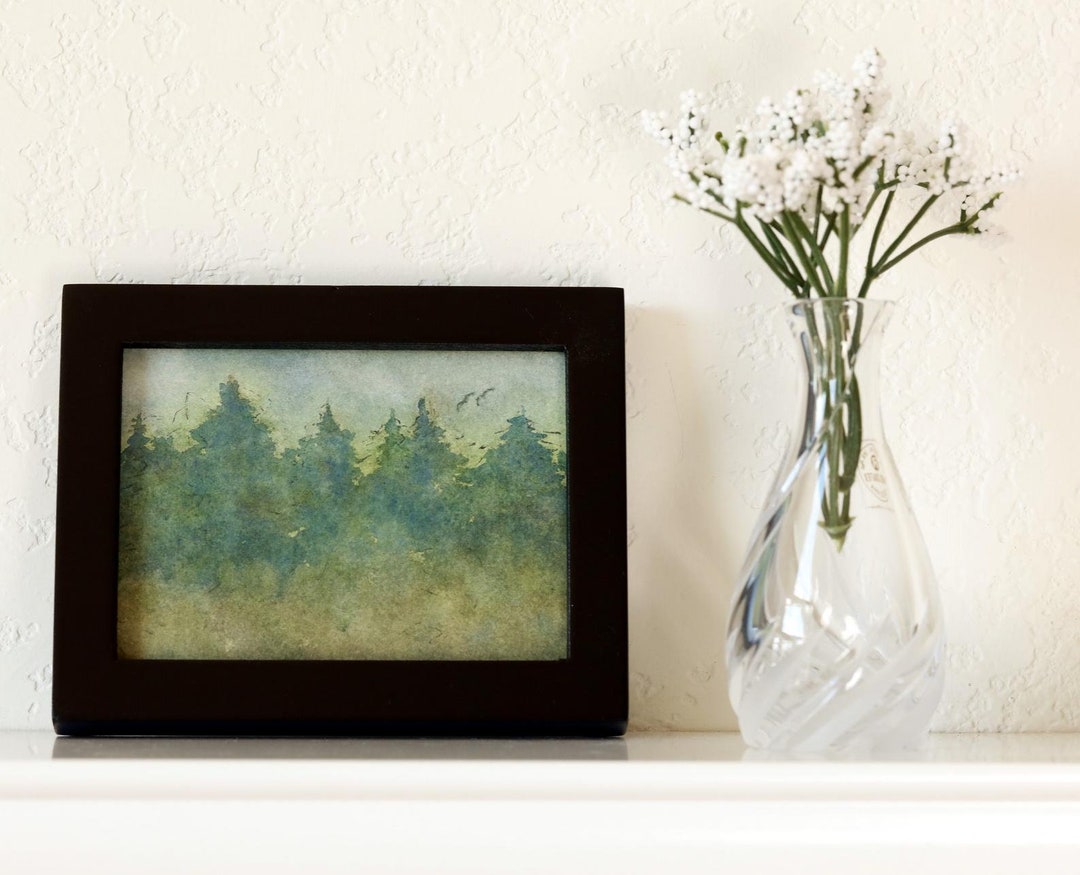 Muted Forest Green Trees 3 X 4 Inches Watercolor Painting Miniature