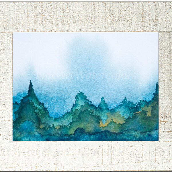 Abstract Print Watercolor Painting 4 x 6  inches Green Meadow Blue Mountains Sky Indigo Landscape Small Mini Miniature Art Him Her