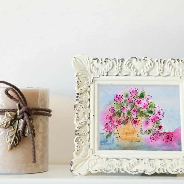 Pink Flowers  Gift Print Watercolor Painting With Frame 2 .5 x 3 inches Tiny Art Small Painting Mini Miniature Grouping Pictures