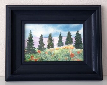 A Print Small  Watercolor  4 x 6  Trees Forest Meadow Little Painting Small Art Wall Painting Orange Flowers Mini Cute Nature Countryside