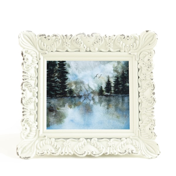 Watercolor Painting Mini Small Tiny Mountains Forest Trees Lake Reflection Birds Flying Sky Original Print Framed Him Unique Tiny Home Decor