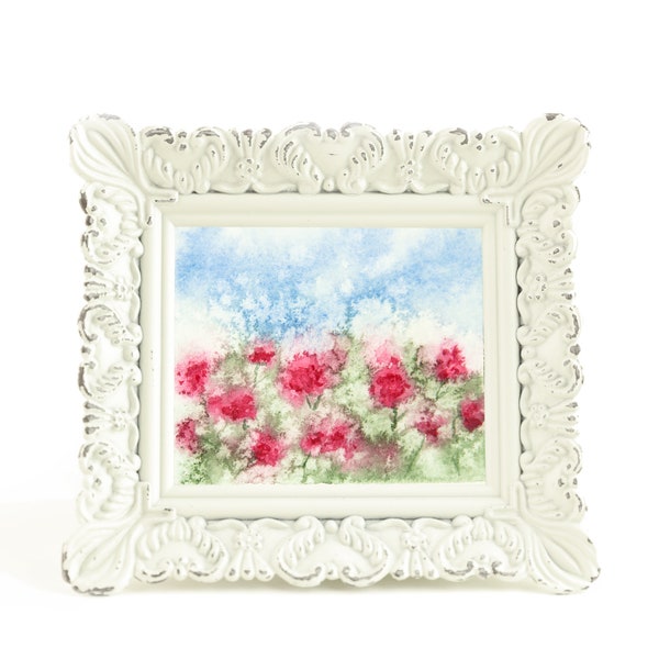 Pink Flower Bouquet Spring Print Little Mini Watercolor Painting Landscape Art Prints Framed Artwork Small Tiny Little Ornate Gift For Her