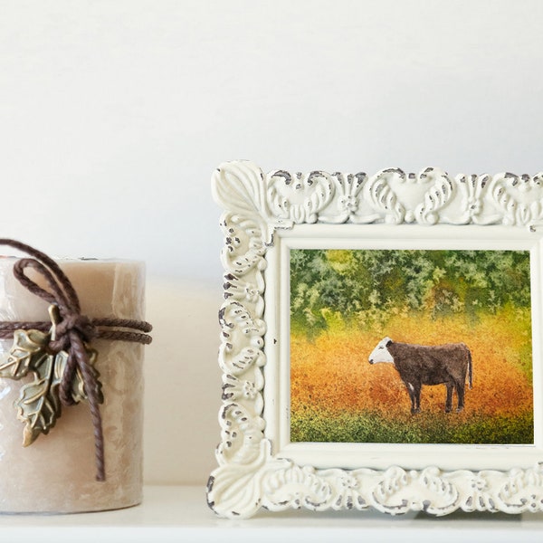 Cow Miniature Watercolor Painting Print Small Framed Art With Frame Mini Art Tiny Paintings Landscape Country Rural Pictures