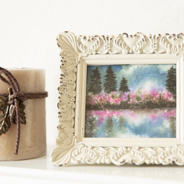 Tiny Watercolor Painting Artwork Prints Framed Unframed Nature Lake Flowers Pink Green Trees Mini Small Table Top Miniature Little Gift Art