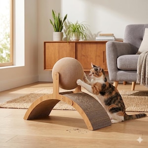 May include: A cat plays with a wooden cat scratcher and toy. The cat scratcher has a corrugated cardboard arch and a large, round, corrugated cardboard ball. The cat is multi-colored with brown, white, and orange fur.