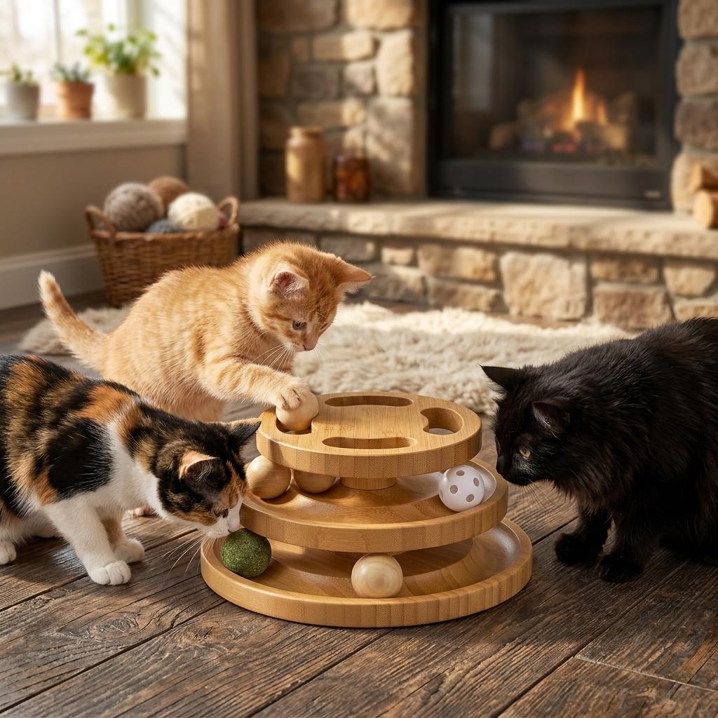 3-Tier wooden Interactive Roller cat Toy with Balls