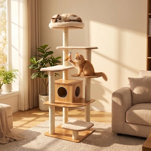 May include: A multi-level cat tree featuring a light wood finish, several beige carpeted platforms, and a central square cubby with circular openings. The structure includes vertical posts wrapped in sisal rope for scratching and a top perch.