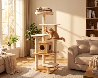 Cat Tree Tower with Hideout Cave, Multi Level Scratching Post for Indoor Cats