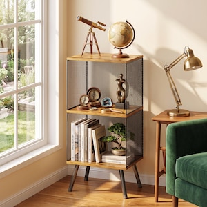May include: A two-tier rectangular shelving unit with a brown wood-grain finish and black metal mesh side panels. The unit stands on four tapered dark metal legs and holds various decorative items including a telescope, globe, and books.