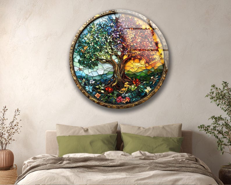 Tree of Life Tempered Glass Wall Art Colorful Stained Glass Nature Decor Gift