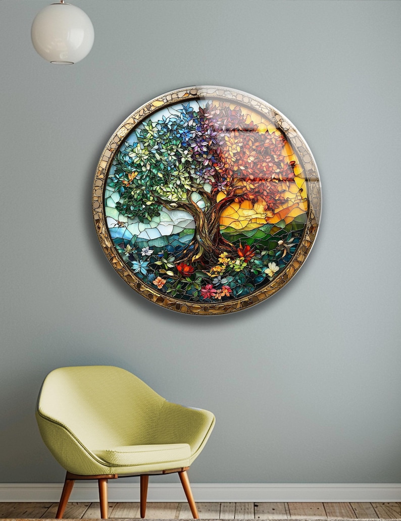 Tree of Life Tempered Glass Wall Art Colorful Stained Glass Nature Decor Gift