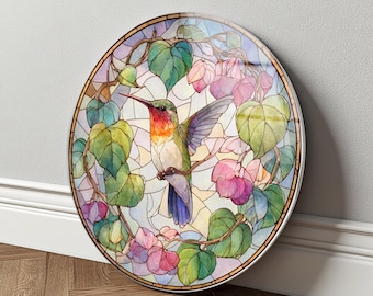 Hummingbird Glass Wall Art Stained Style Floral Decor Nature Bird Home Design