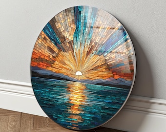 Round Ocean Wall Art, Tempered Glass Sunset Seascape, Coastal Home Decor