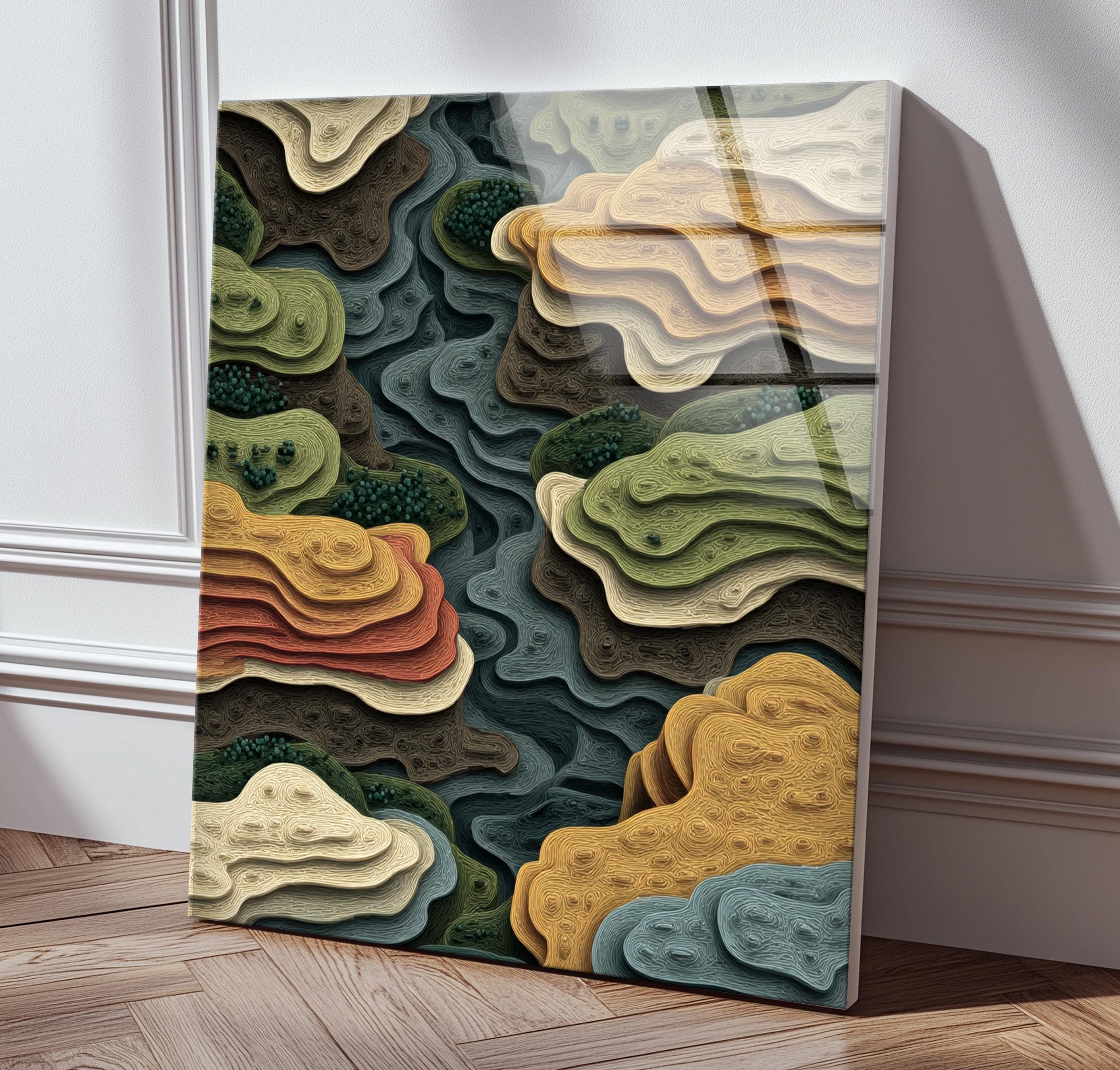 Topographic Glass Wall Art, Tempered Glass, Earth Tone Abstract Map Decor