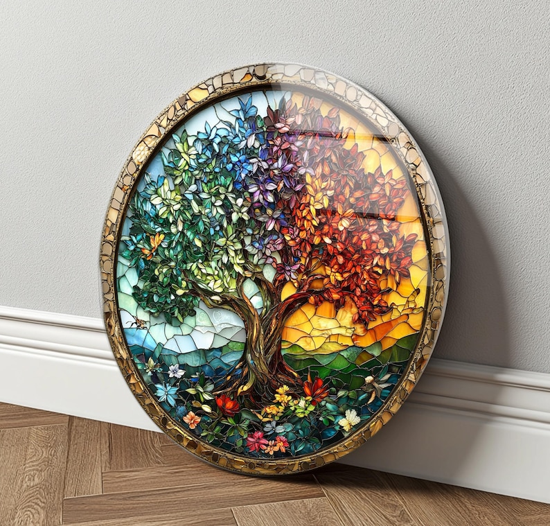 Tree of Life Tempered Glass Wall Art Colorful Stained Glass Nature Decor Gift