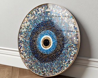 Mosaic Evil Eye Tempered Glass Wall Art – Round Mandala Decor