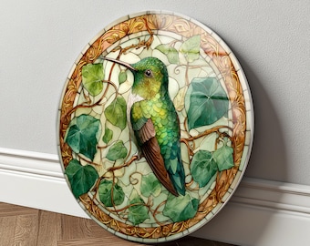 Hummingbird Wall Art Glass Round Green Bird Botanical Stained Decor Gift