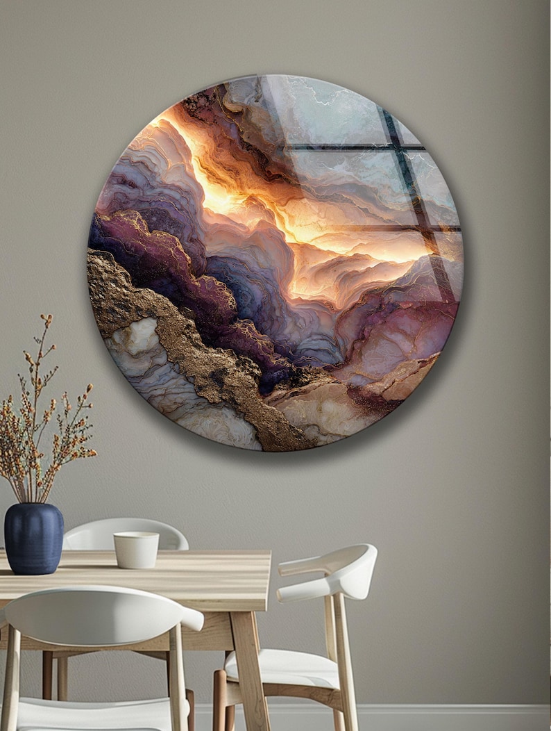 Abstract Marble Glass Wall Art Round Gold Vein Modern Wall Decor