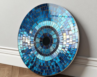 Evil Eye Wand Kunst Runde Glas Dekor Blaue Mosaik Nazar Wohnzimmer Geschenk