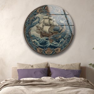 Vintage Ship Wall Art Glass Nautical Kraken Sea Monster Ocean Decor Gift