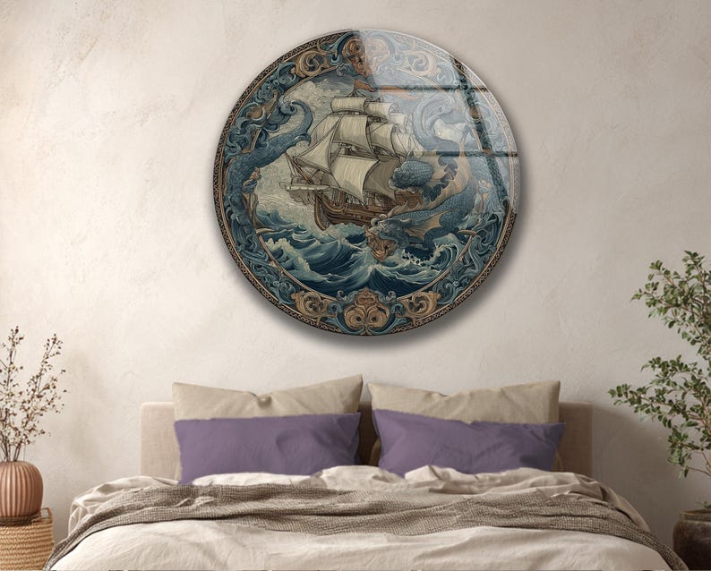 Vintage Ship Wall Art Glass Nautical Kraken Sea Monster Ocean Decor Gift