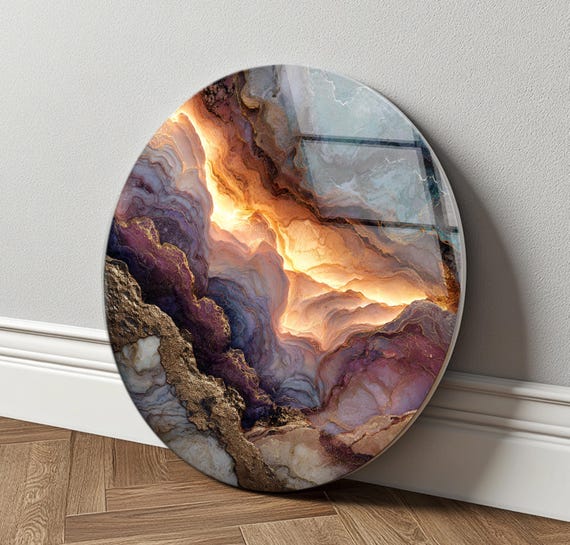 Abstract Marble Glass Wall Art Round Gold Vein Modern Wall Decor