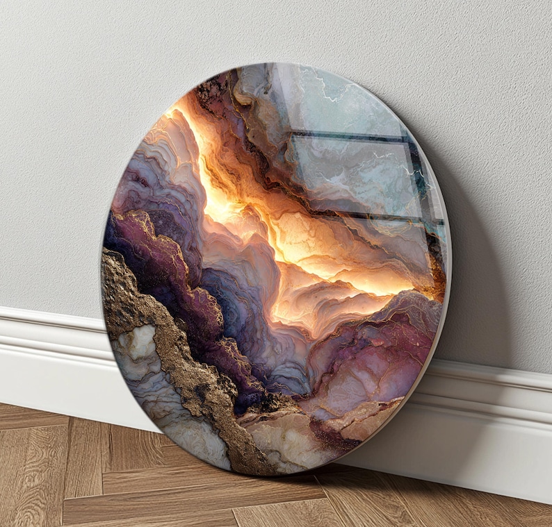 Abstract Marble Glass Wall Art Round Gold Vein Modern Wall Decor