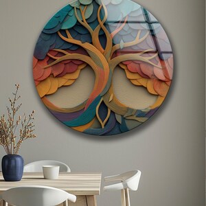 Infinity Tree Glass Wall Decor, Abstract Round Art, Colorful Modern Nature Design