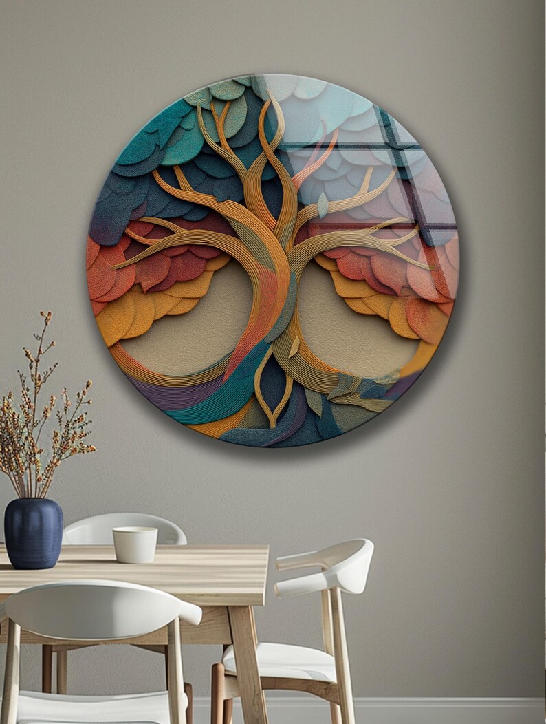 Infinity Tree Glass Wall Decor, Abstract Round Art, Colorful Modern Nature Design