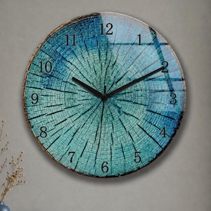 Turquoise Rustic Wall Clock, Tree Ring Design for Home, Tempered Glass Art
