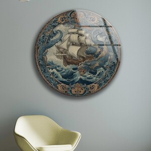 Vintage Ship Wall Art Glass Nautical Kraken Sea Monster Ocean Decor Gift