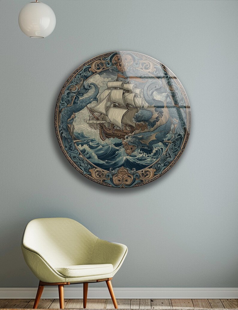 Vintage Ship Wall Art Glass Nautical Kraken Sea Monster Ocean Decor Gift
