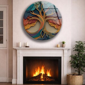 Infinity Tree Glass Wall Decor, Abstract Round Art, Colorful Modern Nature Design