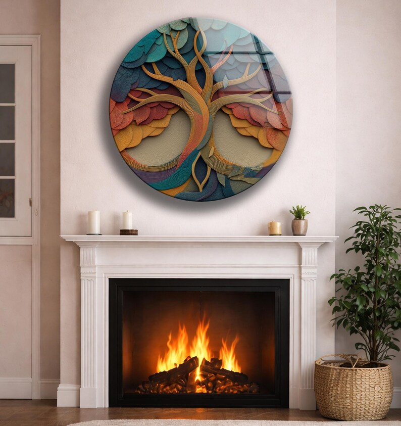 Infinity Tree Glass Wall Decor, Abstract Round Art, Colorful Modern Nature Design