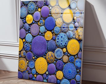 Blue Yellow Mosaic Tempered Glass Art, Abstract Geometric Panel, Modern Luxury Home Decor