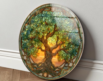 Rustikaler Baum des Lebens Wandkunst aus gehärtetem Glas - Rundes Wohndekor, spirituelle Natur Wandbehang, UV-Druck auf Glas