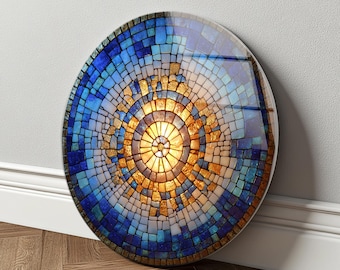 Mosaico azul y dorado para pared, decoración redonda de vidrio, diseño abstracto moderno.
