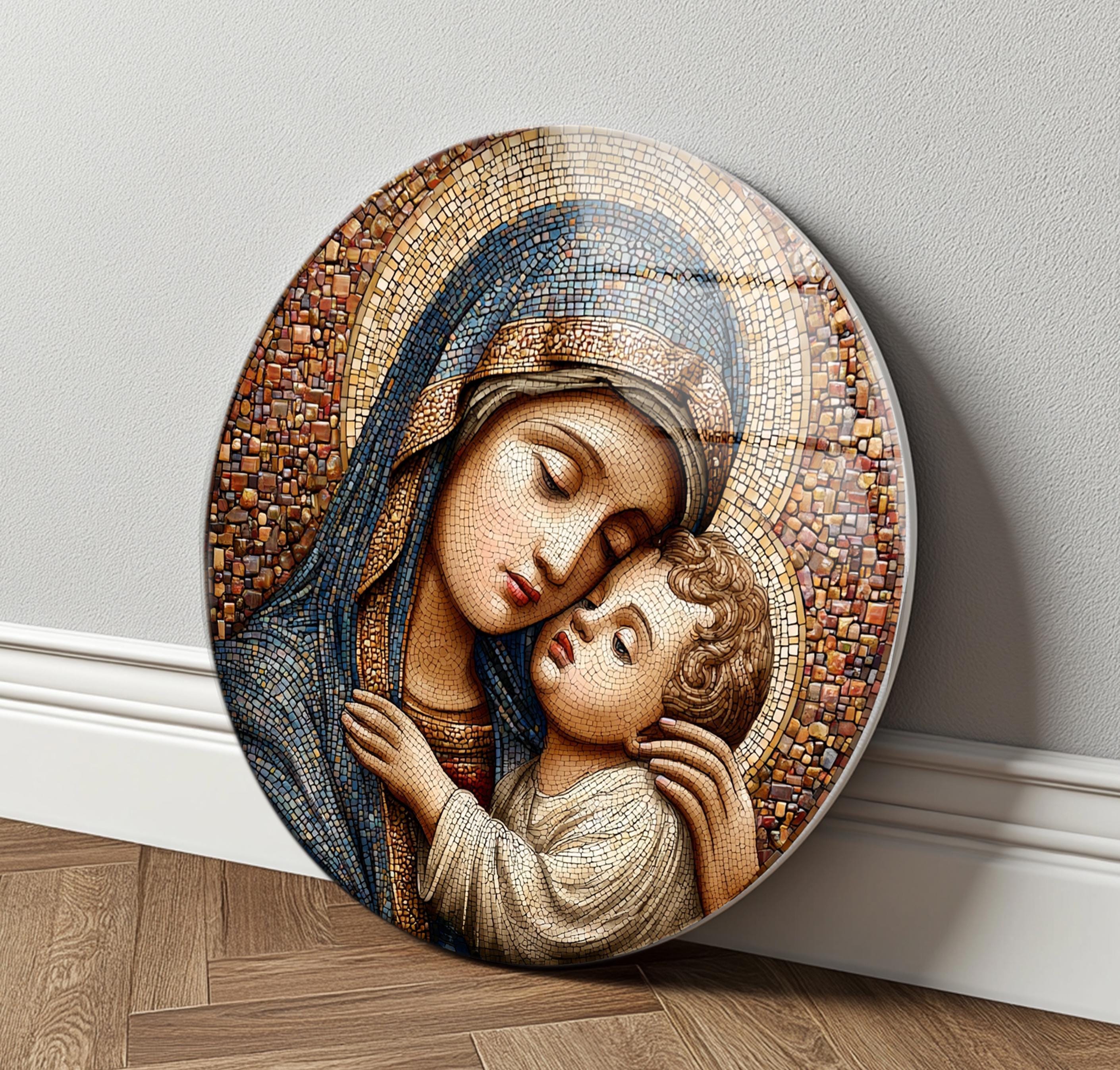 Virgin Mary Baby Jesus Glass Wall Art, Christian Mosaic Icon, Religious ...
