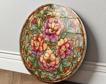 Kwiatowa sztuka ścienna ze szkła okrągłego witrażowego, kwiat botaniczny, vintage, dekoracja, prezent