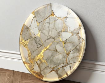 Art mural kintsugi en marbre blanc, décoration ronde de luxe