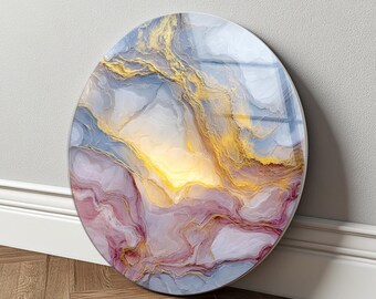 Abstract Marble Glass Wall Art, Gold Vein Round Decor, Luxury Fluid Design Pink Blue
