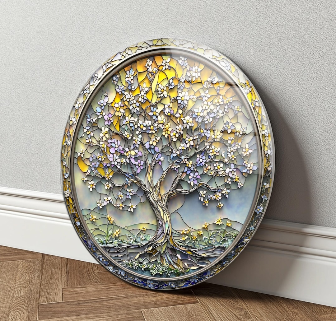 Tree of Life Glass Wall Art Round Stained Floral Decor Spiritual Gift ...
