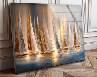 Sailboat Wall Art Glass Golden Yacht Painting Large Nautical Ocean Decor Gift