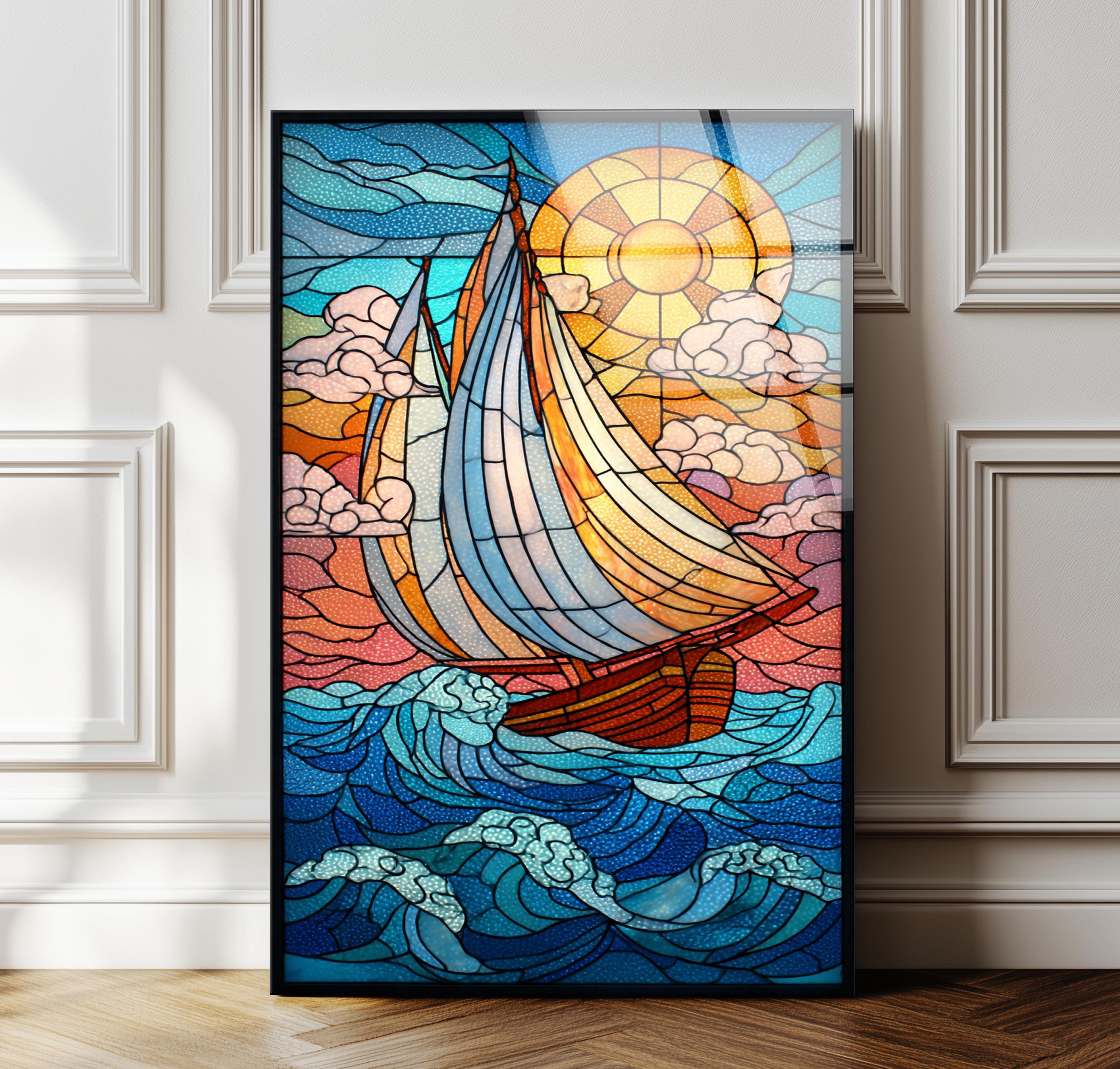Sailboat Wall Art Tempered Glass Stained Glass Style Coastal Decor